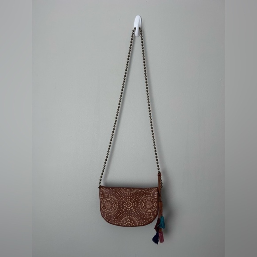 Elegant Brown‎ Patterned Crossbody Bag with Tassels